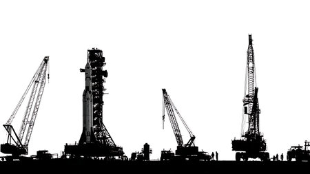 Launch Complex Preparation and Rocket Stacking Silhouettes isolated on plain white background.