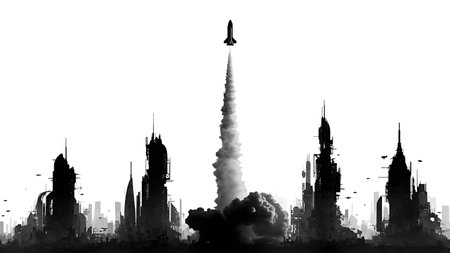 Futuristic City Spaceport Rocket Launch Silhouette Set isolated on plain white background.