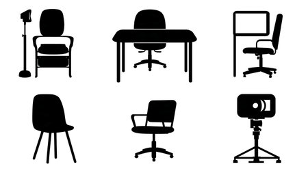 Police Interrogation Room Furniture and Fixtures Silhouettes isolated on plain white background.のイラスト素材