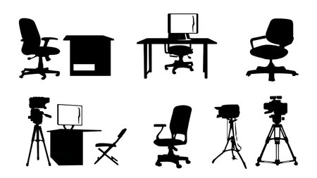 Police Interrogation Room Furniture and Fixtures Silhouettes isolated on plain white background.のイラスト素材