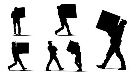 Delivery Man in Wind with Large Box Silhouette Set of Six isolated on plain white background.のイラスト素材