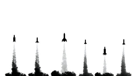 Rocket Launch View from Commercial Jet Cabin Silhouette Set isolated on plain white background.