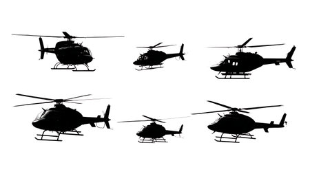 Police Helicopter in Flight Silhouette Vector Collection isolated on plain white background.のイラスト素材