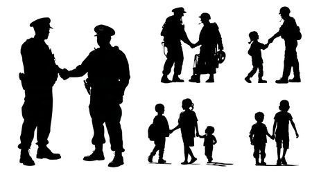Police Community Outreach and Public Relations Silhouettes isolated on plain white background.のイラスト素材