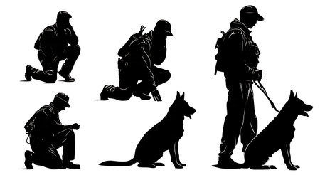 Police K9 Unit Dog Handler Black Silhouette Set isolated on plain white background.のイラスト素材