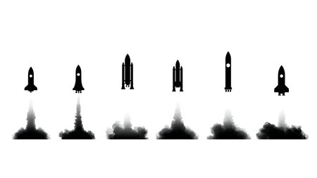 Military Spy Satellite Rocket Launch Silhouette Pack isolated on plain white background.のイラスト素材