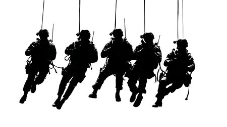 Police Tactical Rappelling from Helicopter Silhouette Set isolated on plain white background.