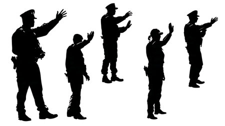 Police Officer Directing Evacuation Silhouette Pack isolated on plain white background.のイラスト素材