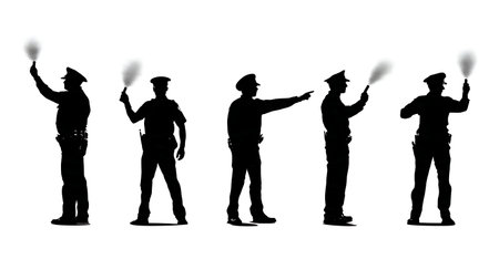 Police Officer Setting Road Flares Silhouette Pack isolated on plain white background.のイラスト素材