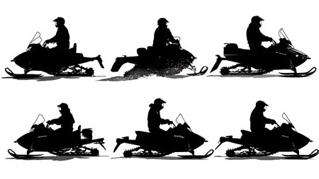 Police Snowmobile Patrol in Winter Silhouette Set isolated on plain white background.のイラスト素材