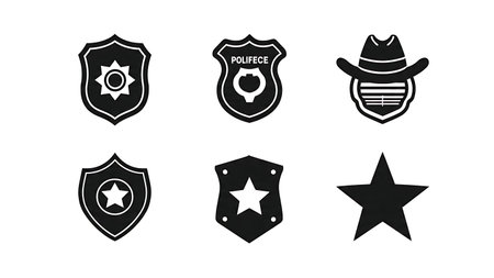 Police and Detective Badge Shape Silhouette Icon Set isolated on plain white background.のイラスト素材