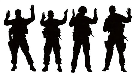 Police Tactical Hand Signals Silhouette Collection isolated on plain white background.のイラスト素材