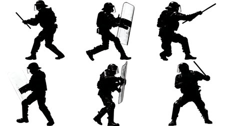 Riot Police Officer in Full Gear Black Silhouette Set isolated on plain white background.のイラスト素材