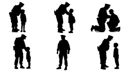 Police Officer Helping a Lost Child Silhouette Pack isolated on plain white background.のイラスト素材