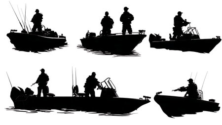 Police Marine Unit on Patrol Boat Silhouette Pack isolated on plain white background.のイラスト素材