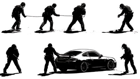 Police Spike Strip Vehicle Takedown Silhouette Set isolated on plain white background.のイラスト素材