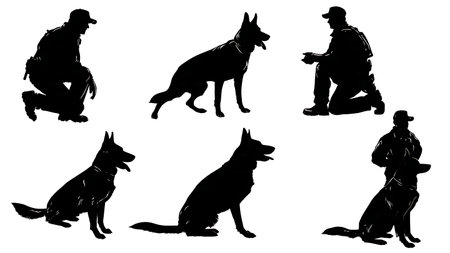 Police K9 Unit Dog Handler Black Silhouette Set isolated on plain white background.のイラスト素材