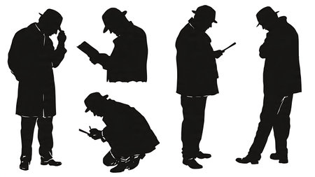 Detective Crime Scene Investigation Silhouette Set of Six isolated on plain white background.のイラスト素材