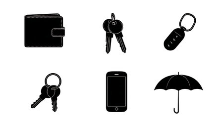 Police Station Lost and Found Item Silhouette Icons isolated on plain white background.のイラスト素材