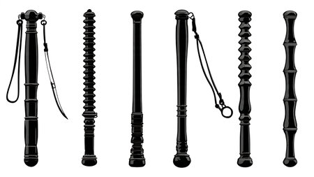 Police Baton and Nightstick Types Silhouette Icon Set isolated on plain white background.のイラスト素材