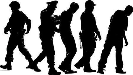 Police Officer Arresting Suspect Silhouette Vector Set isolated on plain white background.