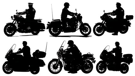 Police Motorcycle and Officer Silhouette Collection isolated on plain white background.のイラスト素材