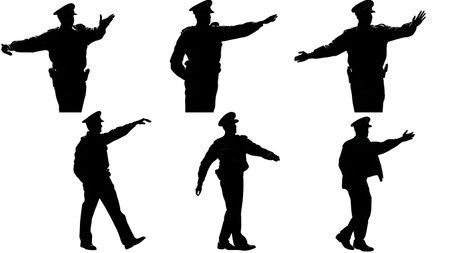 Police Officer Directing Evacuation Silhouette Pack isolated on plain white background.のイラスト素材