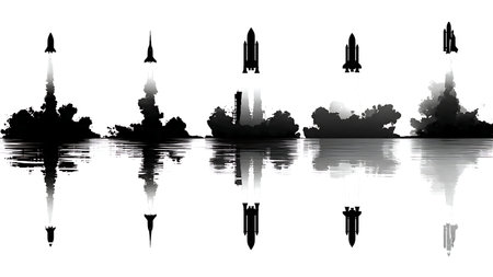 Rocket Launch with Water Reflection Silhouette Vector Pack isolated on plain white background.