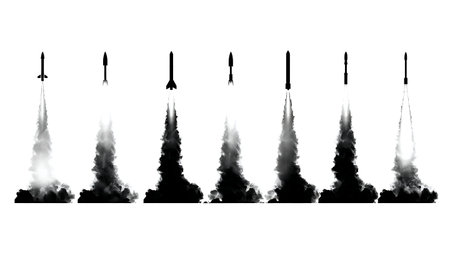 Night Rocket Launch with Bright Flame Black Silhouette Set isolated on plain white background.のイラスト素材