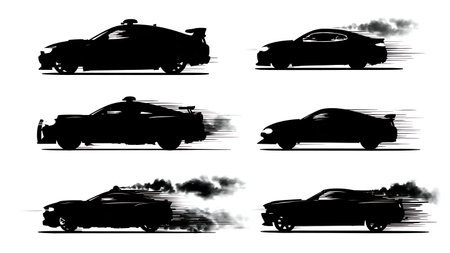 High-Speed Police Car Chase Silhouette Collection isolated on plain white background.のイラスト素材