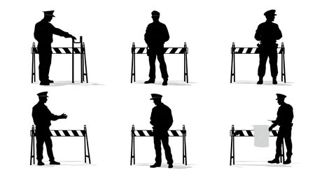 Police Roadblock and Checkpoint Silhouette Vector Pack isolated on plain white background.のイラスト素材