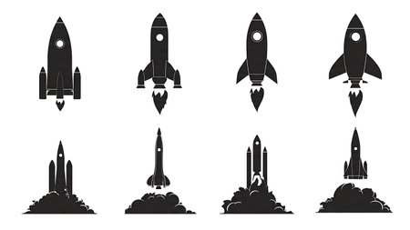Rocket Launch with Moon or Planet Background Silhouette Set isolated on plain white background.のイラスト素材