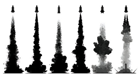 Wide Exhaust Plume Rocket Launch Silhouette Pack isolated on plain white background.のイラスト素材