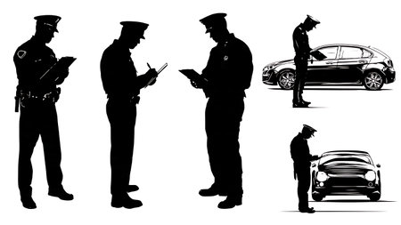Police Officer Writing Traffic Ticket Silhouette Pack isolated on plain white background.のイラスト素材