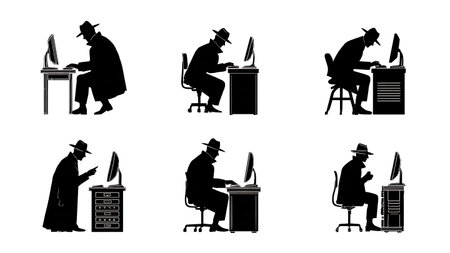 SWAT Team with Drone Surveillance Silhouette Pack isolated on plain white background.のイラスト素材