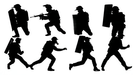 SWAT Officer with Ballistic Shield Silhouette Pack isolated on plain white background.のイラスト素材