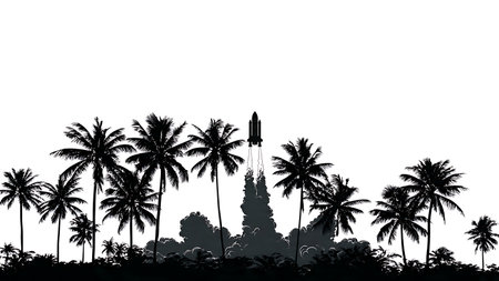 Tropical Rocket Launch with Palm Trees Silhouette Pack isolated on plain white background.のイラスト素材