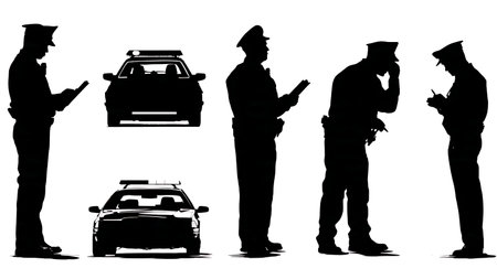 Traffic Police Officer in Action Silhouette Set isolated on plain white background.のイラスト素材