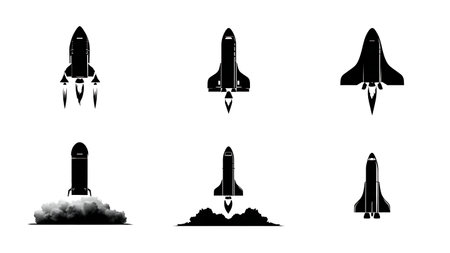 Space Tourism Suborbital Rocket Launch Silhouette Set isolated on plain white background.のイラスト素材