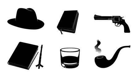Classic Detective Investigation Kit Silhouette Icons isolated on plain white background.のイラスト素材