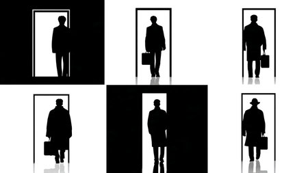 Delivery Man in Doorway with Box Silhouette Vector Pack isolated on plain white background.のイラスト素材