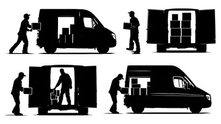 Silhouette of Delivery Man with a Full Van of Boxes isolated on plain white background.のイラスト素材