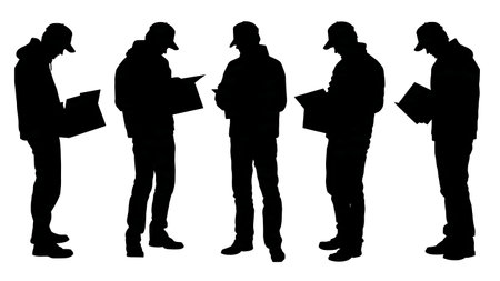 Silhouettes of Delivery Man Looking Down at Package isolated on plain white background.のイラスト素材