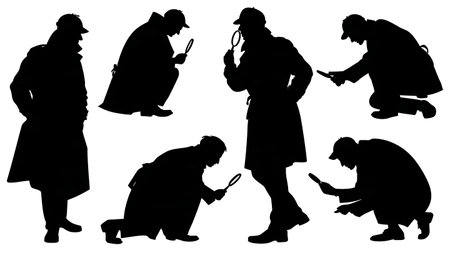 Detective Discovery and Finding Clue Silhouette Set isolated on plain white background.のイラスト素材
