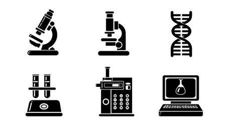 Crime Lab and Forensic Science Equipment Silhouette Icons isolated on plain white background.のイラスト素材
