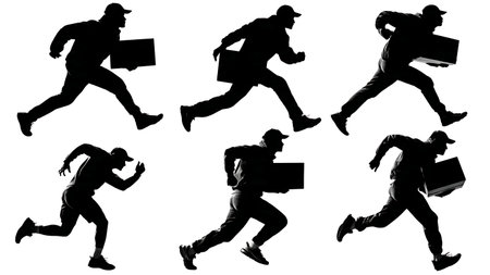 Agile Delivery Man Turning with Box Silhouette Pack isolated on plain white background.のイラスト素材