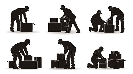 Black Silhouettes of Delivery Man Organizing and Stacking Boxes isolated on plain white background.のイラスト素材
