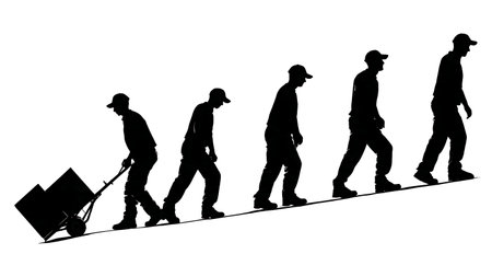 Delivery Man with Hand Truck on Ramp Silhouette Set isolated on plain white background.のイラスト素材