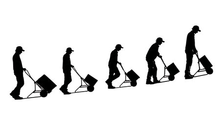 Delivery Man with Hand Truck on Ramp Silhouette Set isolated on plain white background.のイラスト素材