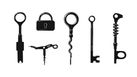 Lockpicking Tools Evidence Silhouette Icon Set isolated on plain white background.のイラスト素材